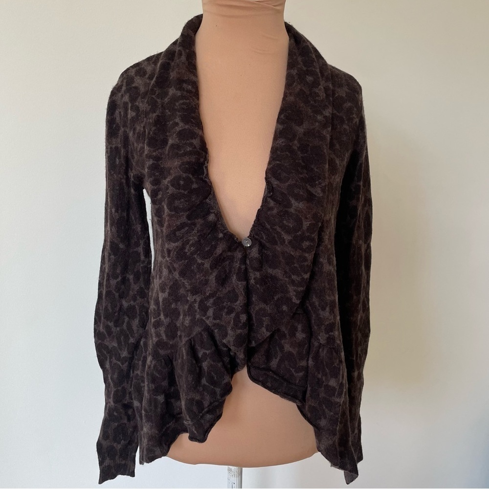 Rebecca Taylor Lambswool Cashmere Leopard Print Ruffle Single Button Cardigan XS